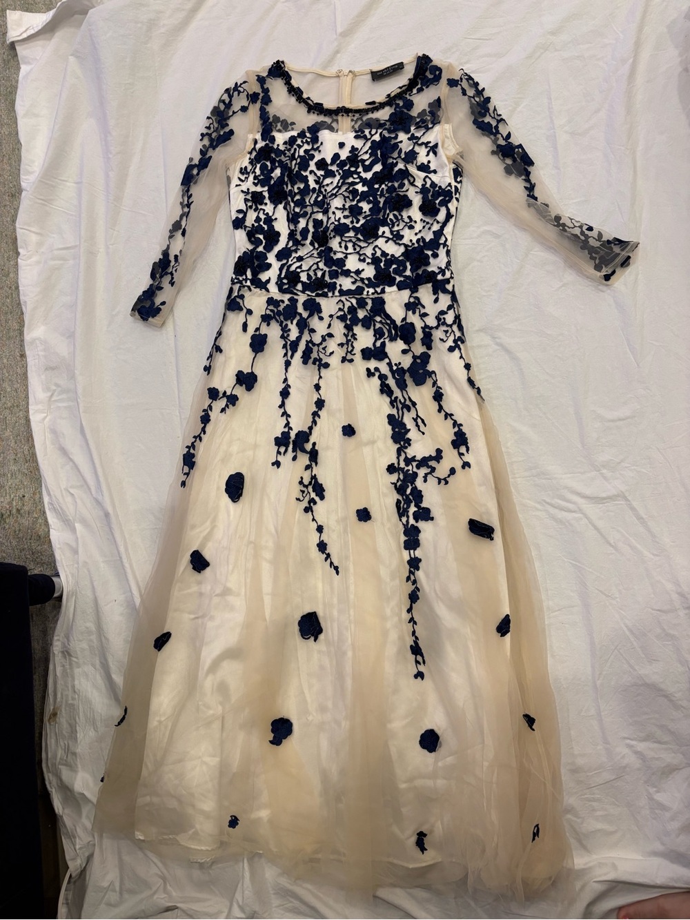 Womenโs Ivory Tulle Dress with Navy Floral Appliquรฉ